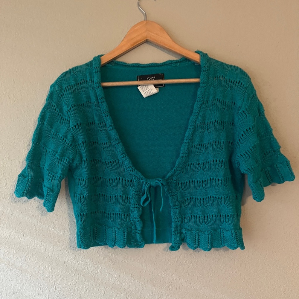 Vintage 90s Molly Malloy Teal Knit Cropped Cardigan Size Small - Picture 7 of 7
